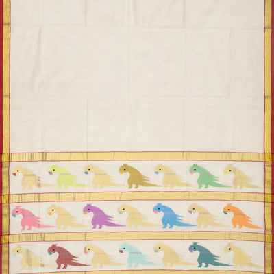 Off White Handloom Venkatagiri Cotton Saree With Jamdani Parrot Meenakari Motifs