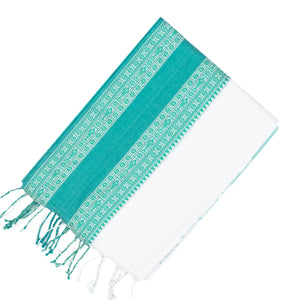 White Woven Bengal Cotton Saree With Cyan Border
