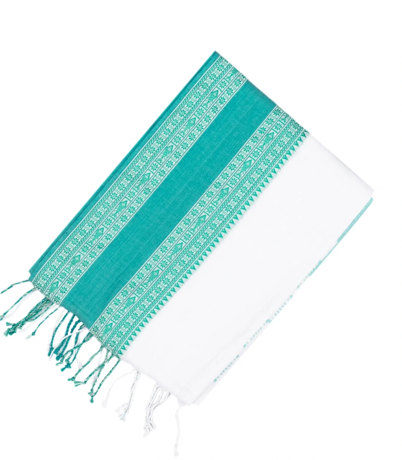 White Woven Bengal Cotton Saree With Cyan Border