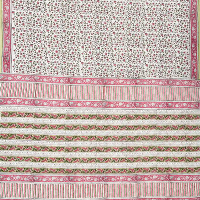 White Woven Jaipur Cotton Saree With Pink Printed Floral Motifs