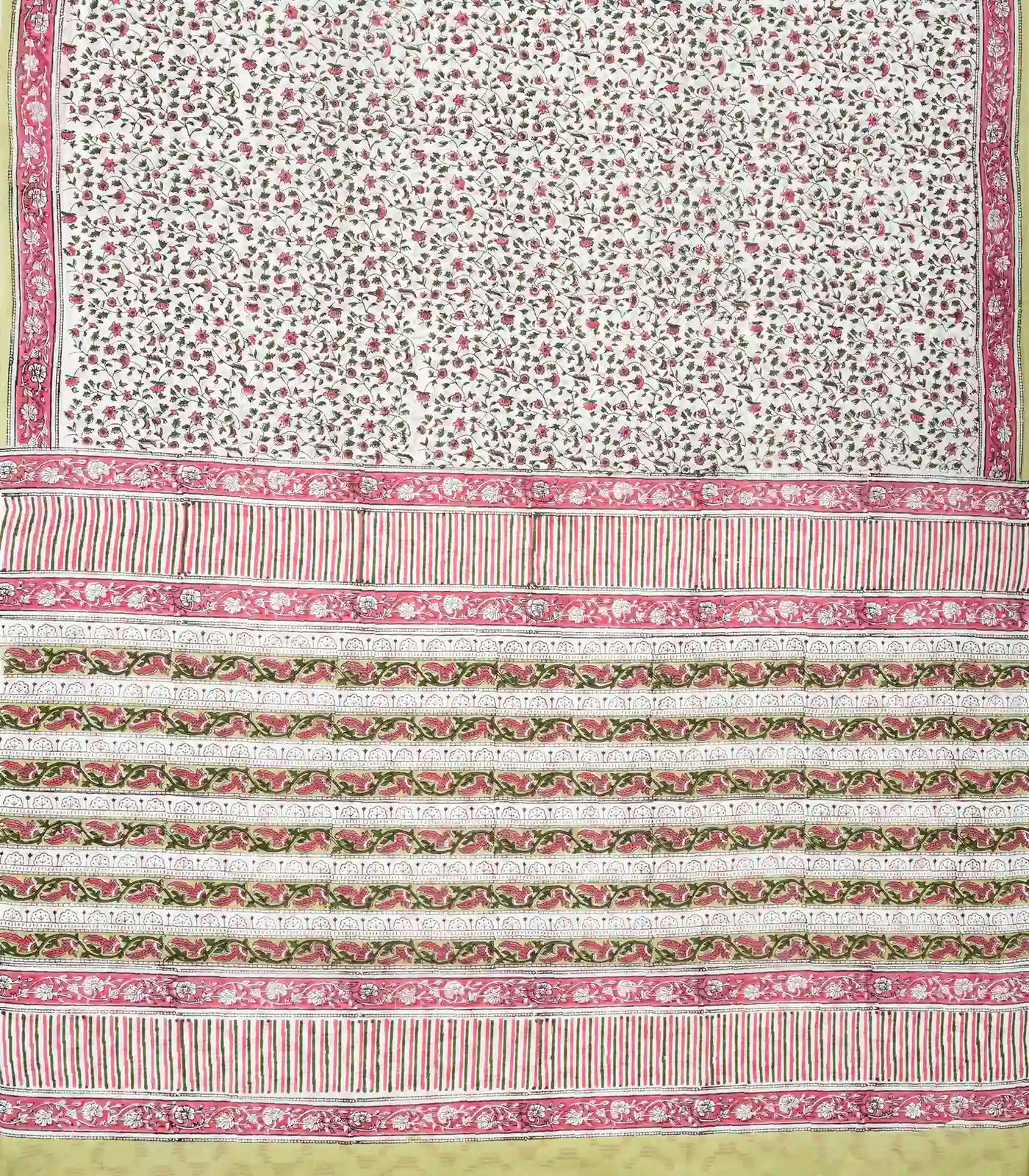 White Woven Jaipur Cotton Saree With Pink Printed Floral Motifs