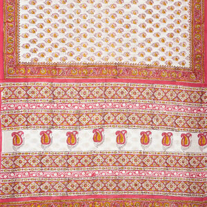 White Woven Jaipur Cotton Saree Printed With Mustard Floral  Motifs