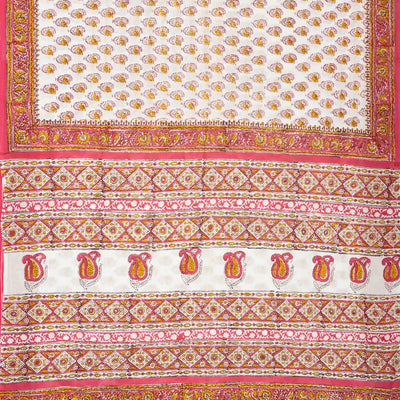 White Woven Jaipur Cotton Saree Printed With Mustard Floral  Motifs