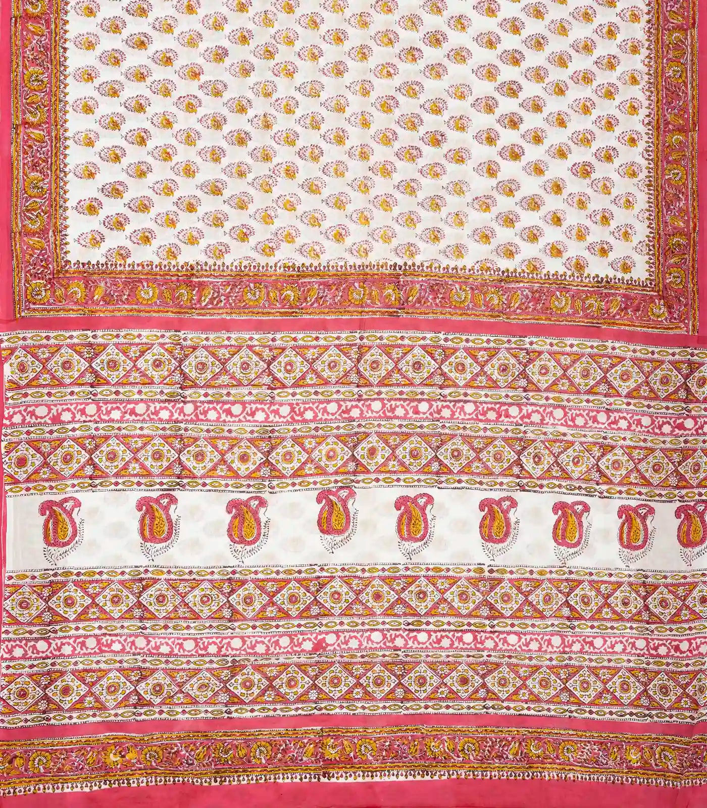 White Woven Jaipur Cotton Saree Printed With Mustard Floral  Motifs