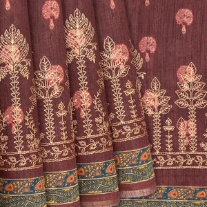 Rosy  Brown Handloom Tussar Silk Saree With Printed & Embroidery Motifs-Rosybrown
