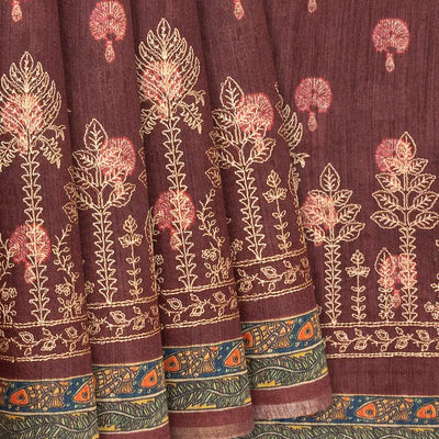 Rosy  Brown Handloom Tussar Silk Saree With Printed & Embroidery Motifs-Rosybrown