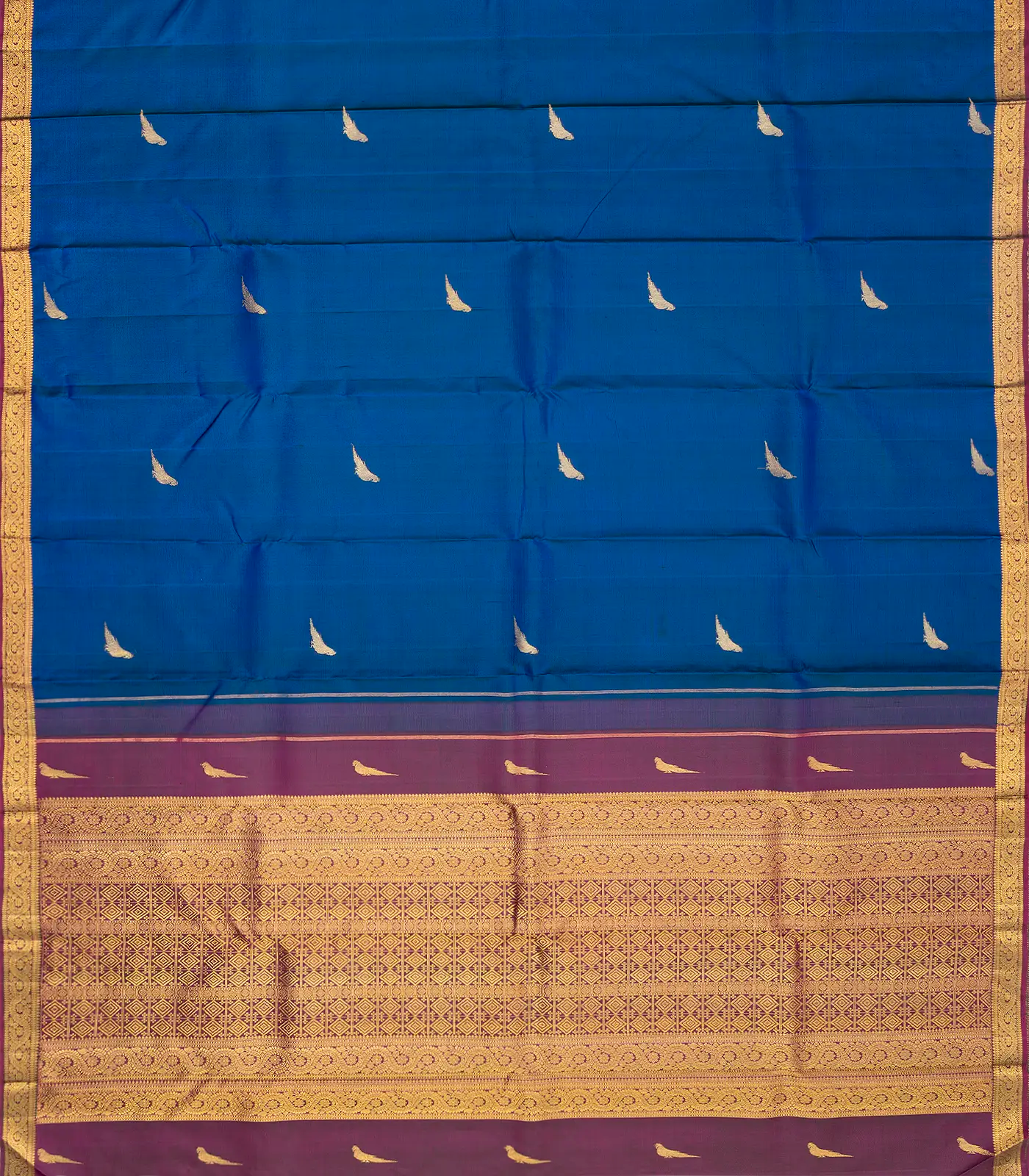 Blue Handloom Kanchipuram Korvai Silk Saree With Parrot Buttas