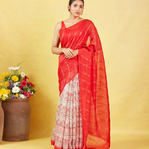 Red Handloom Tussar Silk Saree With Partly Printed Motifs