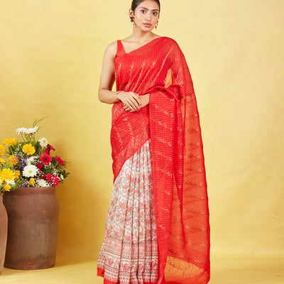 Red Handloom Tussar Silk Saree With Partly Printed Motifs