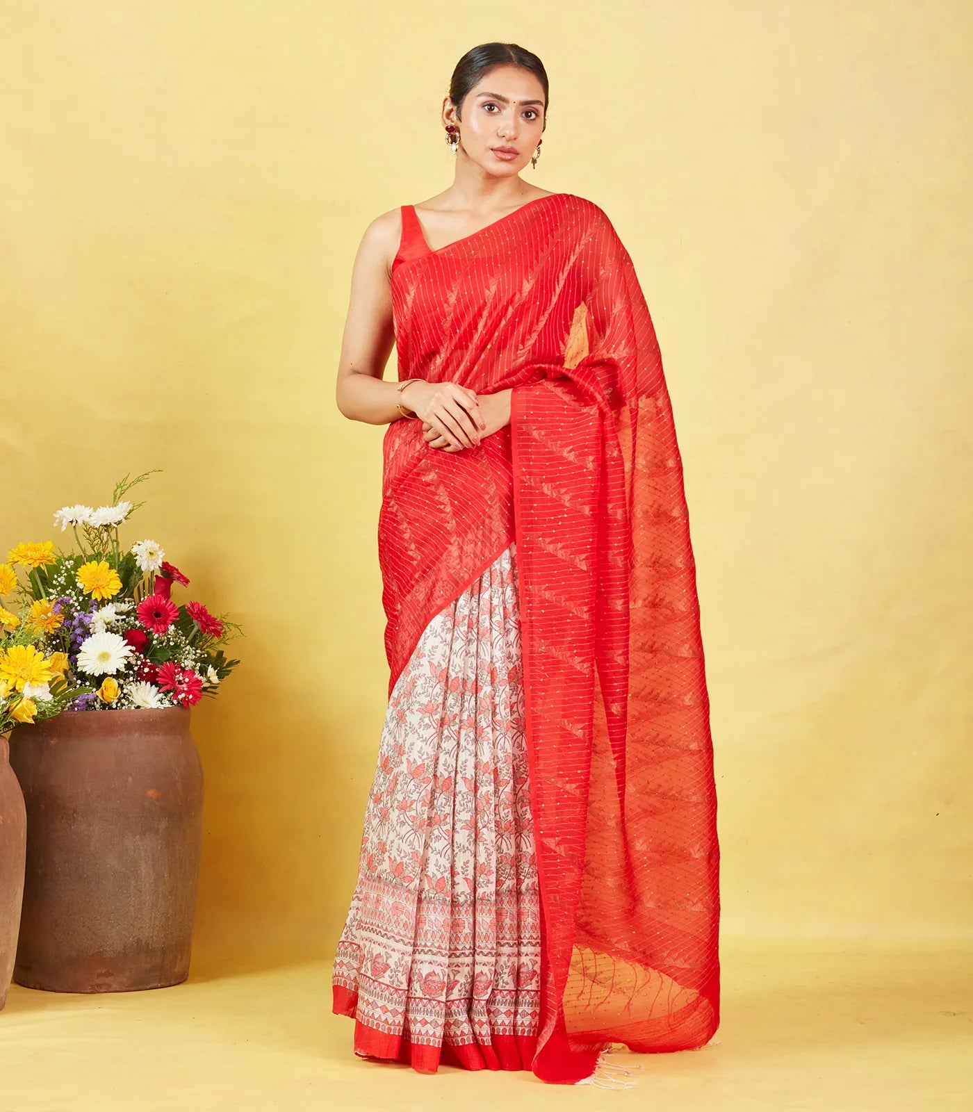 Red Handloom Tussar Silk Saree With Partly Printed Motifs