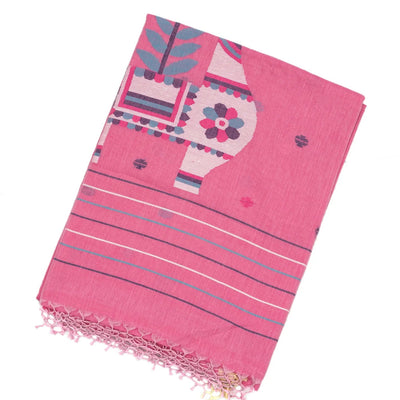 BubbleGum Pink Handloom Bengal Cotton Saree With Buttas