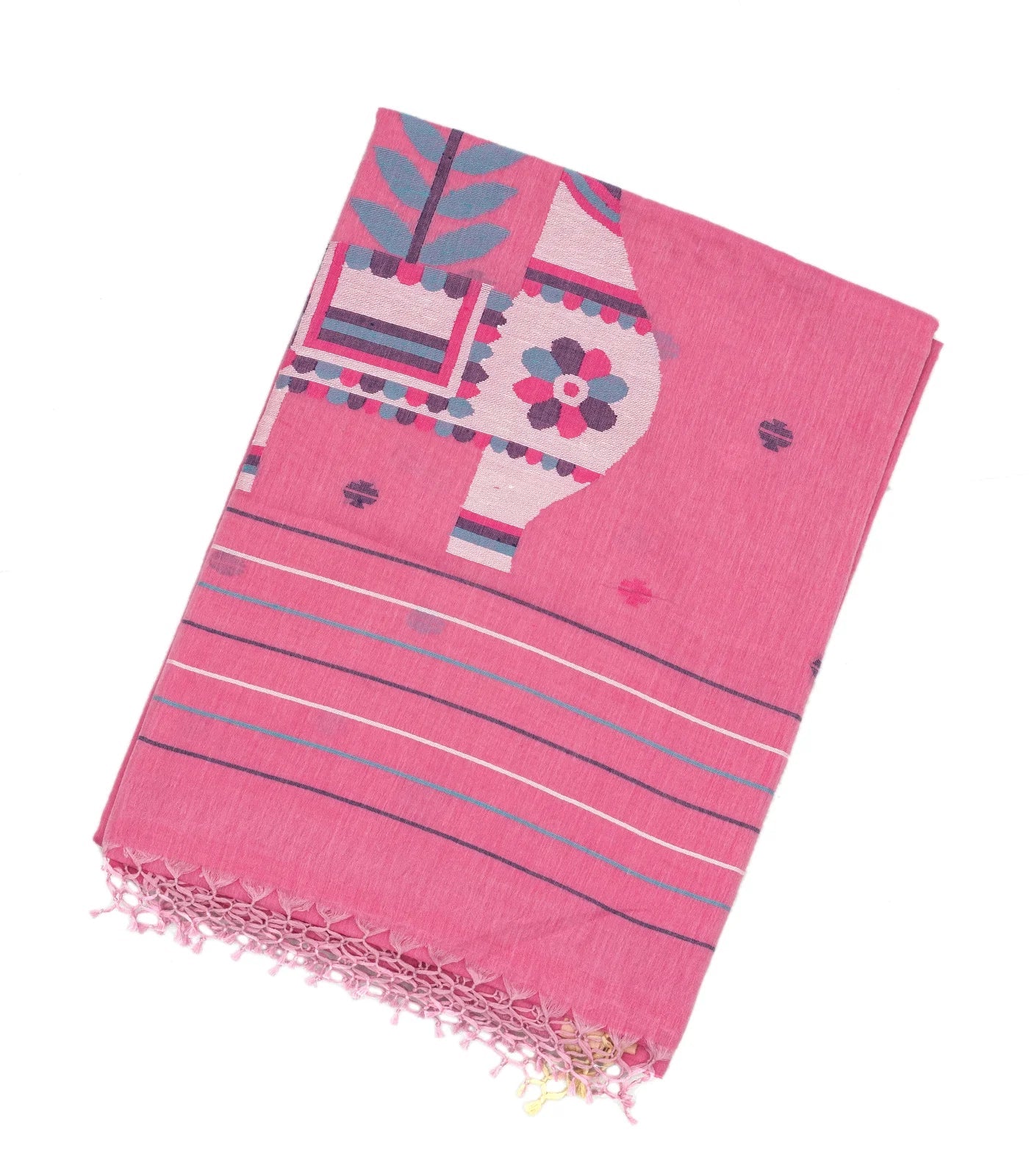 BubbleGum Pink Handloom Bengal Cotton Saree With Buttas