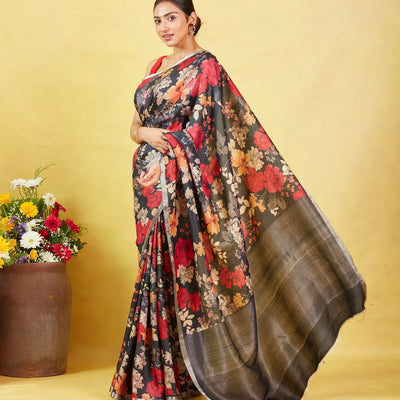 Black Handloom Tussar Silk Saree With Printed Floral Motifs