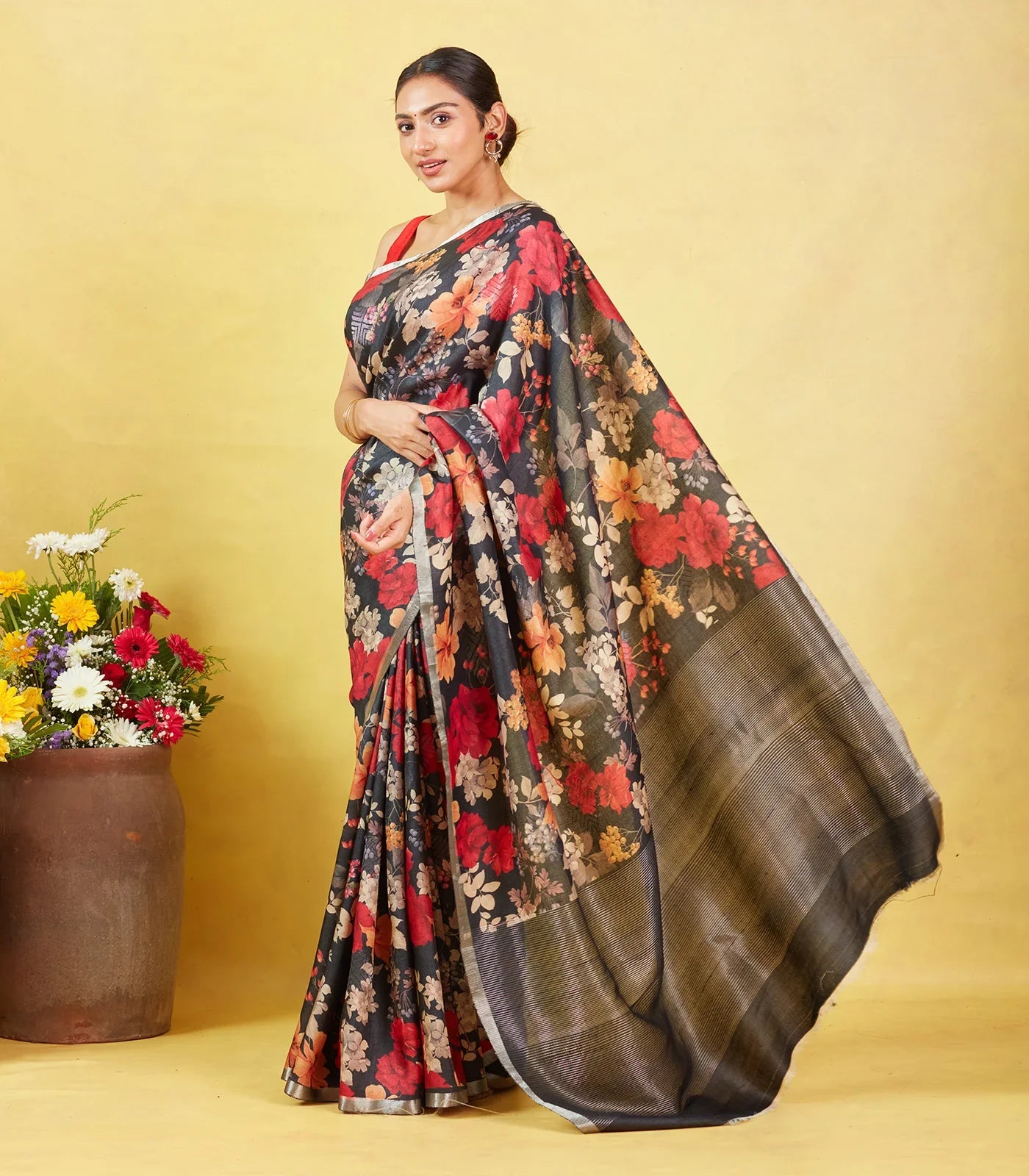 Black Handloom Tussar Silk Saree With Printed Floral Motifs