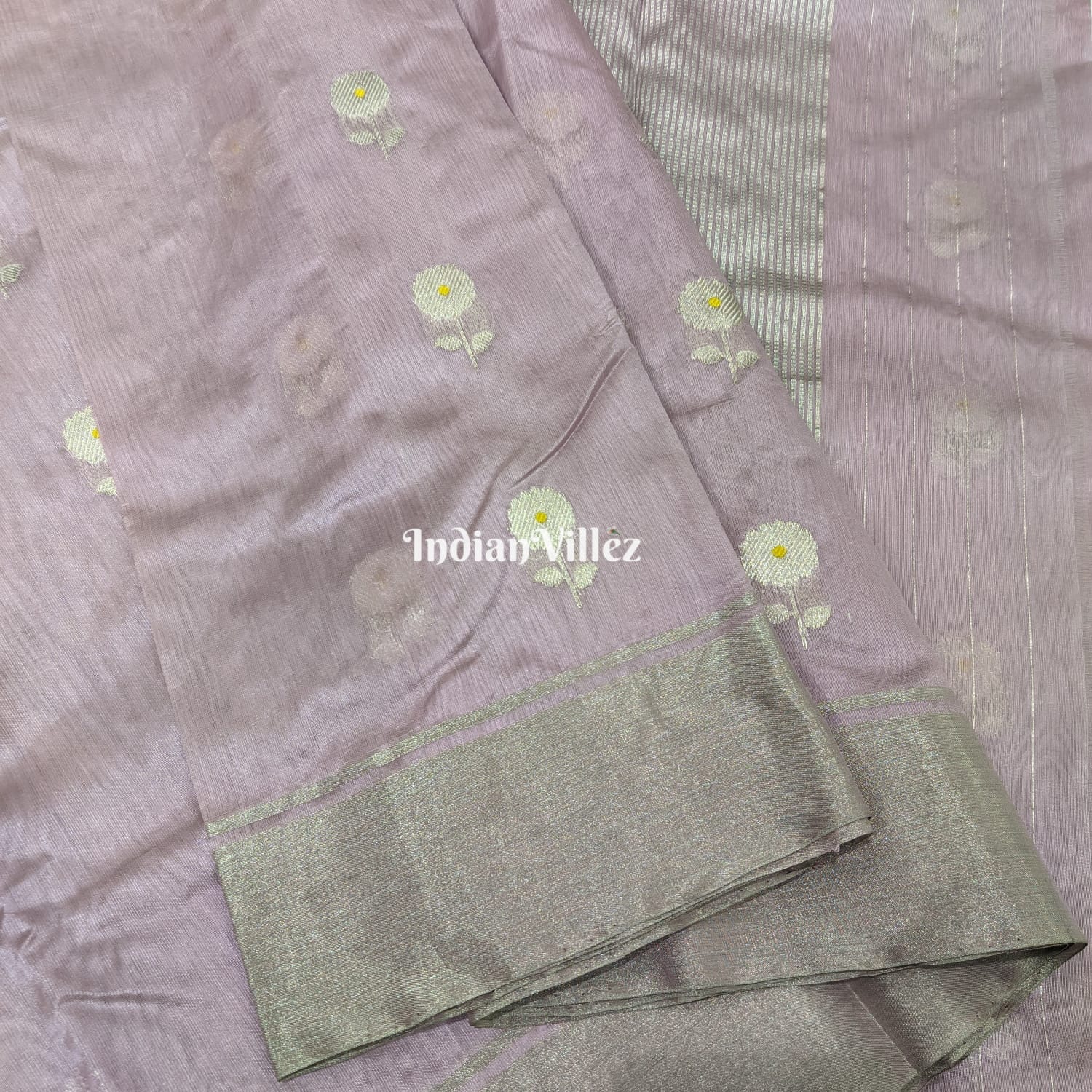 Onion Color with Flower Design Chanderi Pure Katan Silk Saree