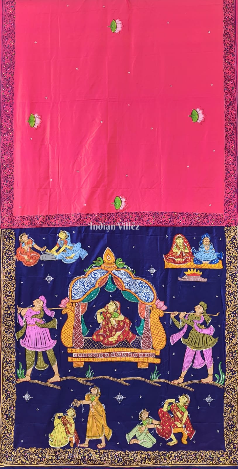 Pink Blue Doli Barat Theme Hand-Painted Pattachitra Saree