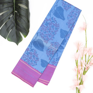 Blue Handloom Kanchipuram Silk Saree With Floral Motifs & Purple Border