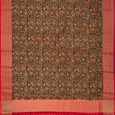 Dark Green Woven Chanderi Cotton Saree With Contrast Border