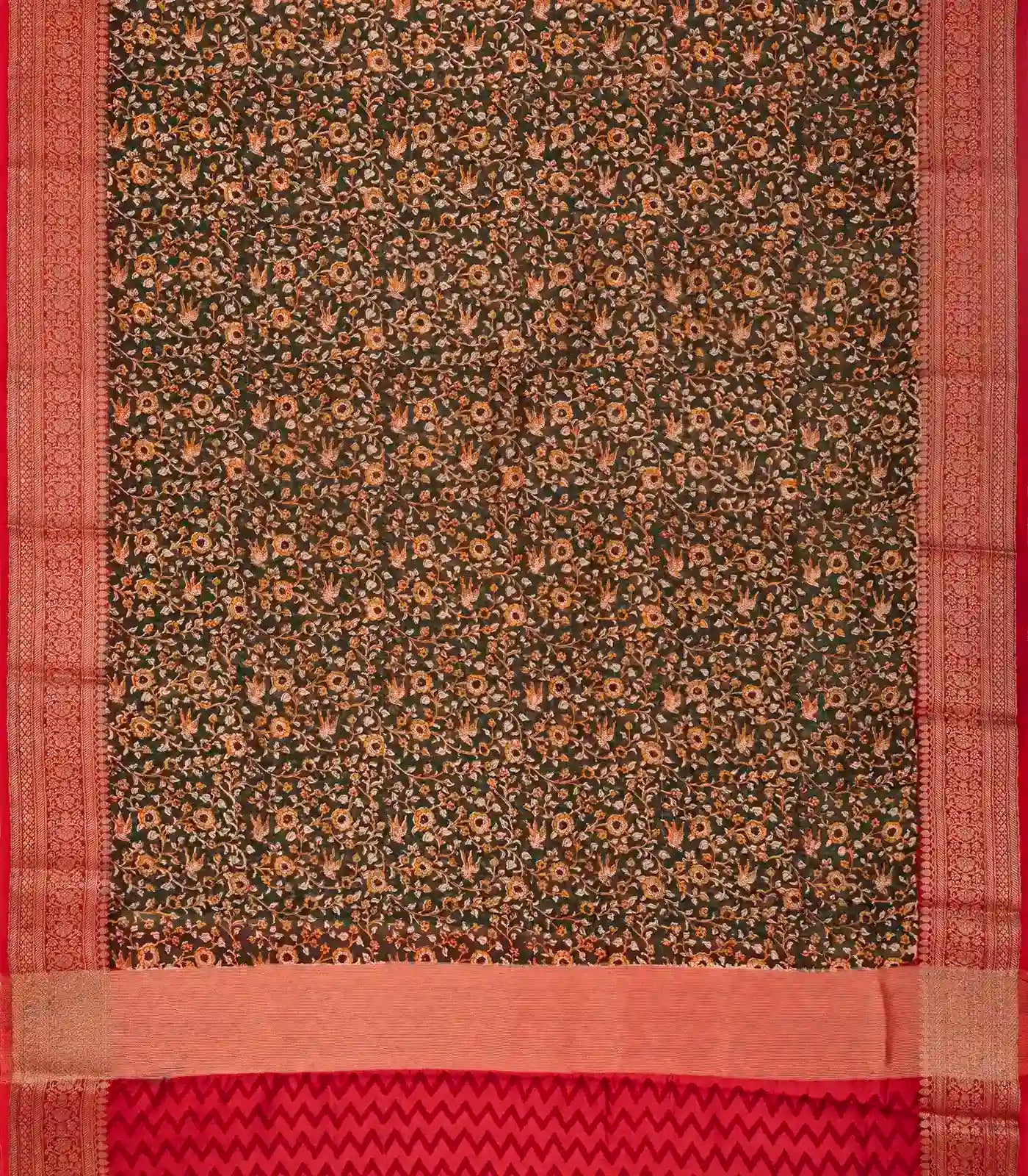 Dark Green Woven Chanderi Cotton Saree With Contrast Border