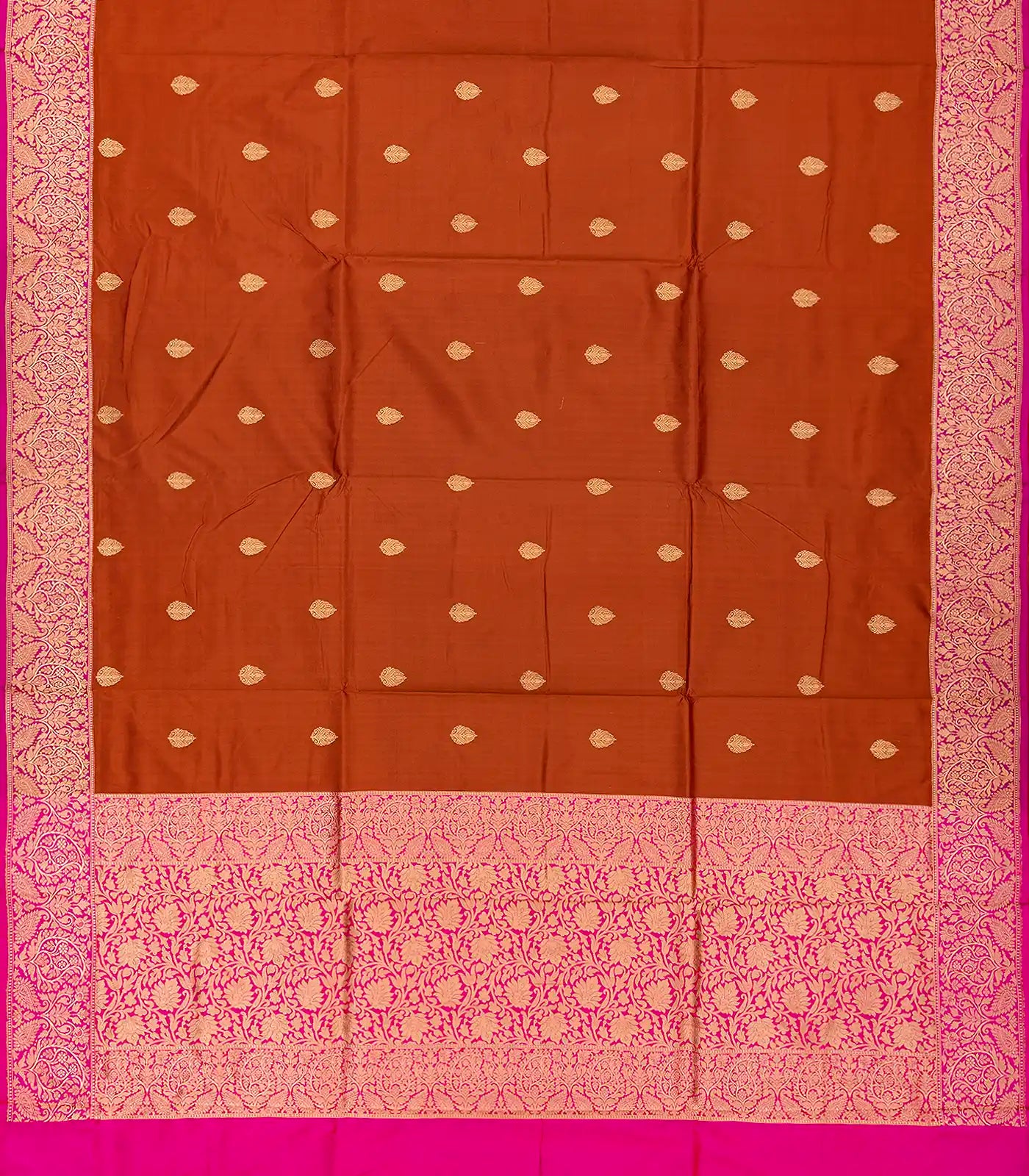 Rust Handloom Banarasi Silk Saree With Floral Buttas