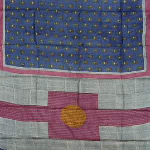 Blue Handloom Printed Tussar Silk Saree With Floral Motifs-Blue