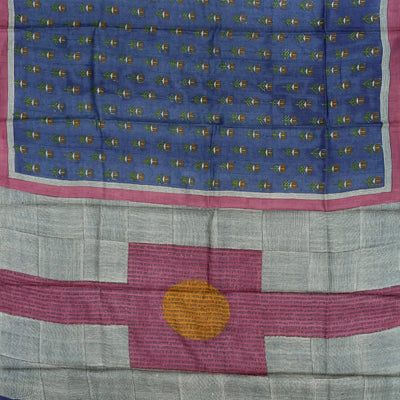 Blue Handloom Printed Tussar Silk Saree With Floral Motifs-Blue