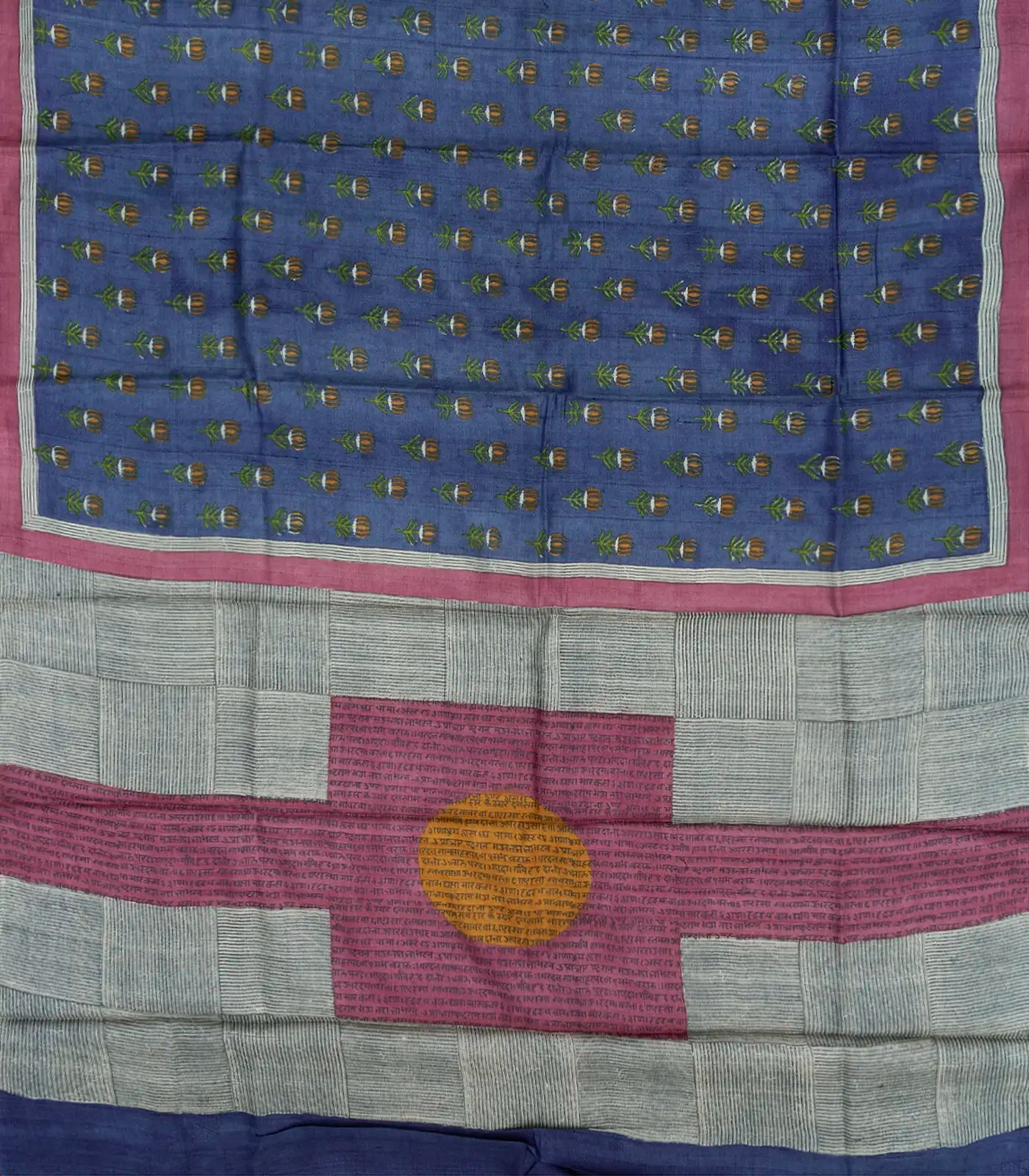 Blue Handloom Printed Tussar Silk Saree With Floral Motifs-Blue