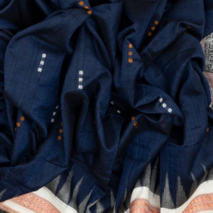 Dark Blue Handloom Orissa Cotton Saree With Mustard Tie & Dye Pallu