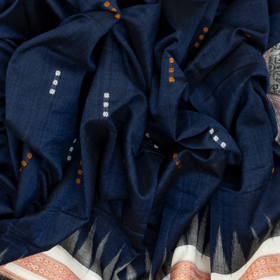 Dark Blue Handloom Orissa Cotton Saree With Mustard Tie & Dye Pallu