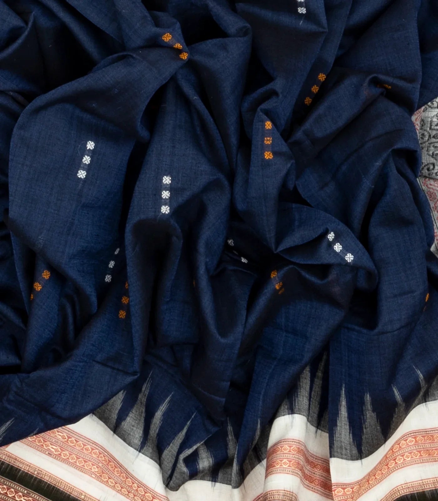 Dark Blue Handloom Orissa Cotton Saree With Mustard Tie & Dye Pallu