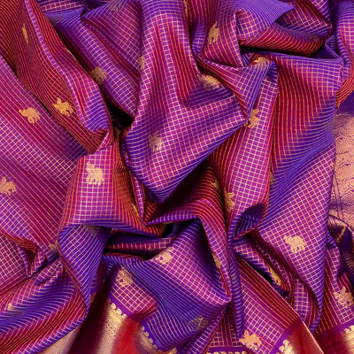 Purple Handloom Kanchipuram Silk Saree With Checks & Buttas