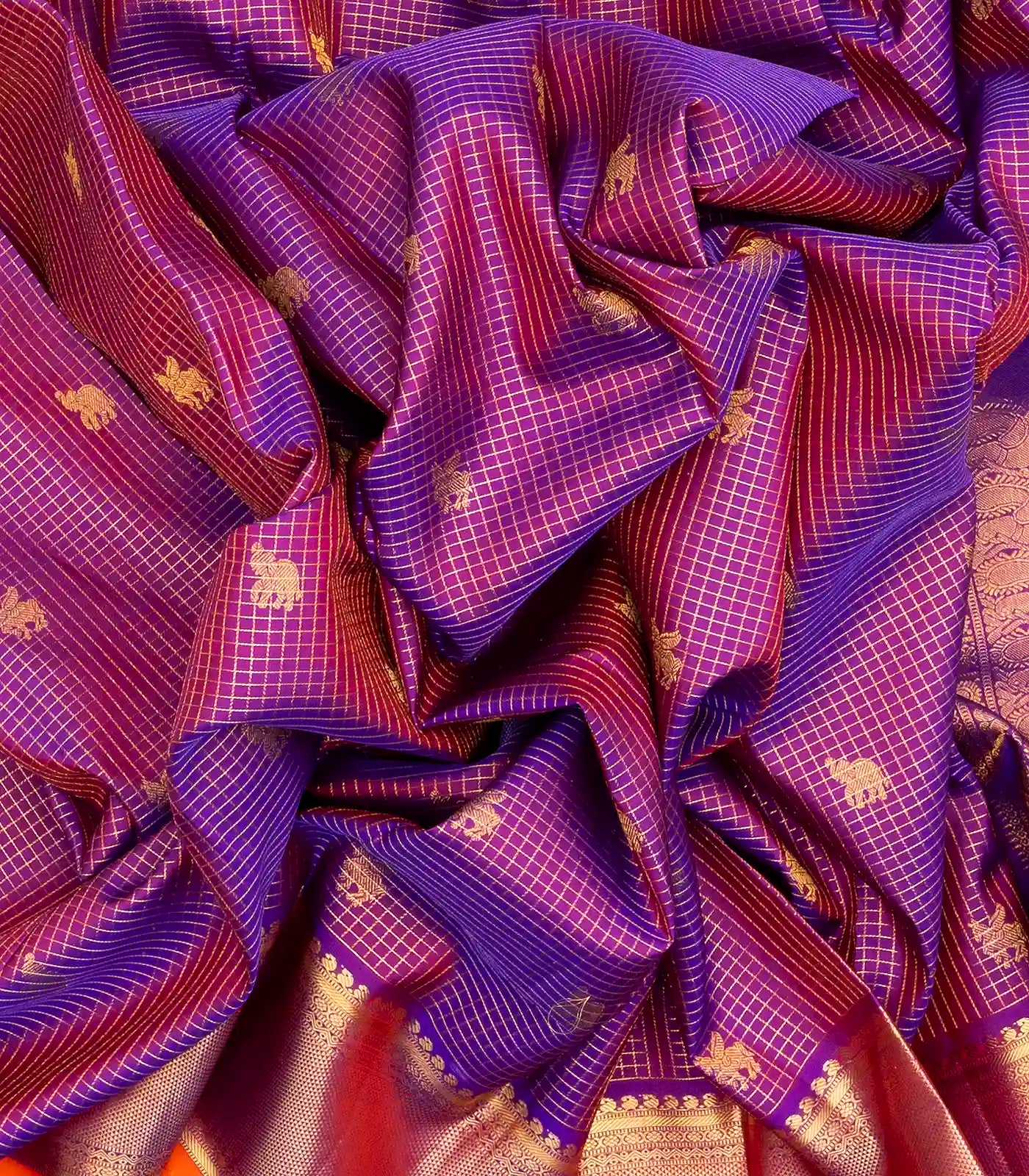 Purple Handloom Kanchipuram Silk Saree With Checks & Buttas