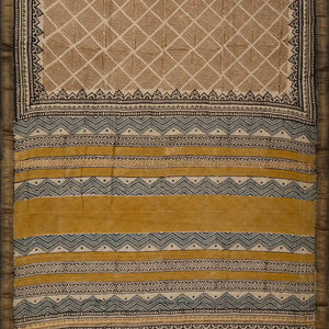 Beige Handloom Chanderi Cotton Saree With Printed Diamond Motifs