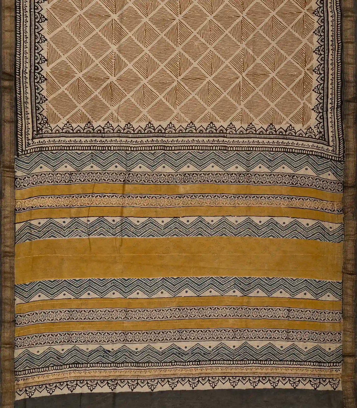 Beige Handloom Chanderi Cotton Saree With Printed Diamond Motifs