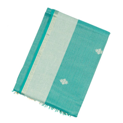 Turquoise Handloom Bengal Cotton Saree With Stripes & Buttas