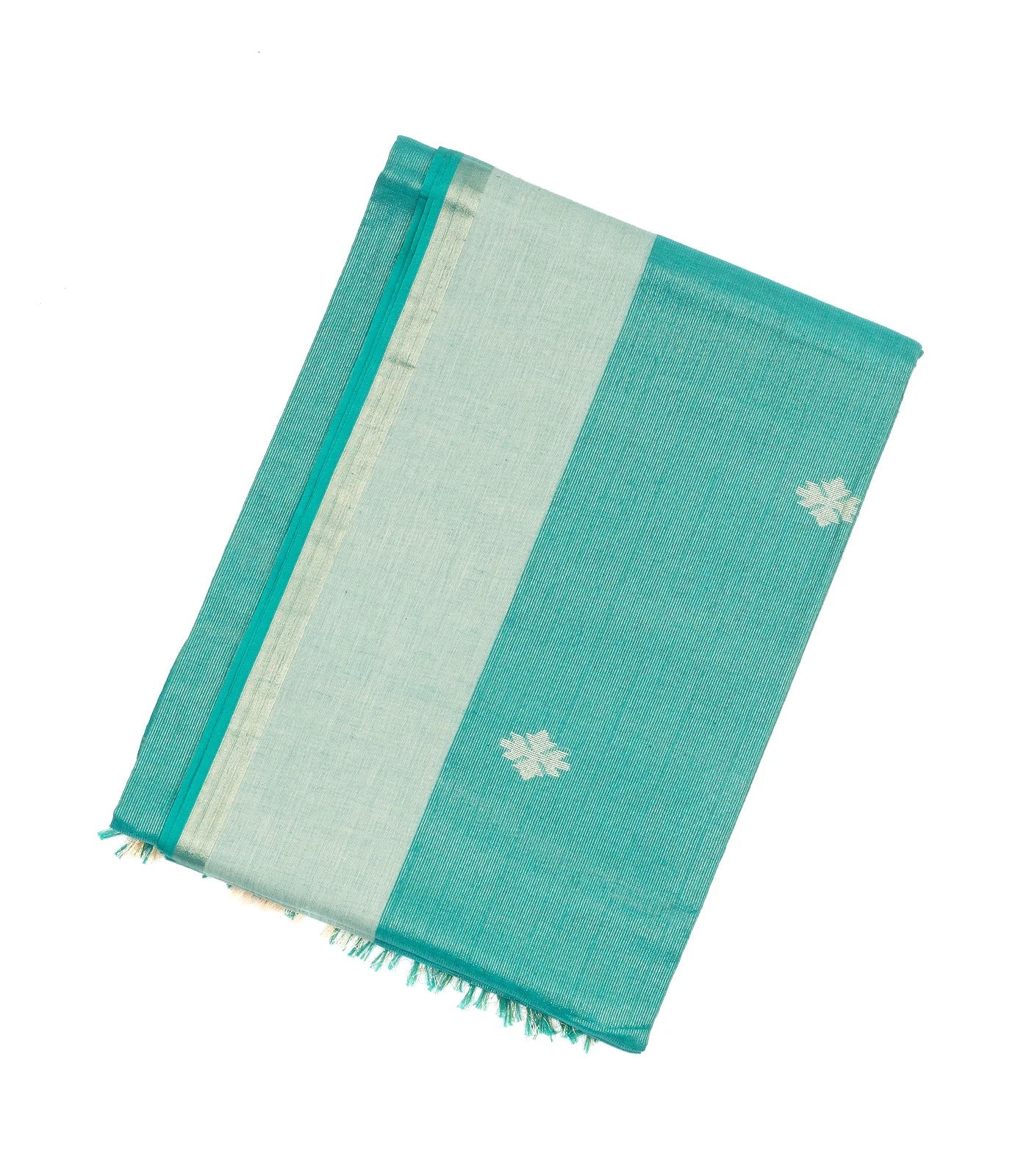 Turquoise Handloom Bengal Cotton Saree With Stripes & Buttas