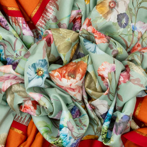 Aquamarine Handloom Kanchipuram Korvai Silk Saree Printed With Floral Motifs