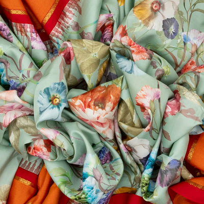 Aquamarine Handloom Kanchipuram Korvai Silk Saree Printed With Floral Motifs