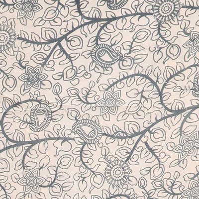 Cream floral vine machine-printed kalamkari cotton saree, contrast tree motifs border & peacock pallu