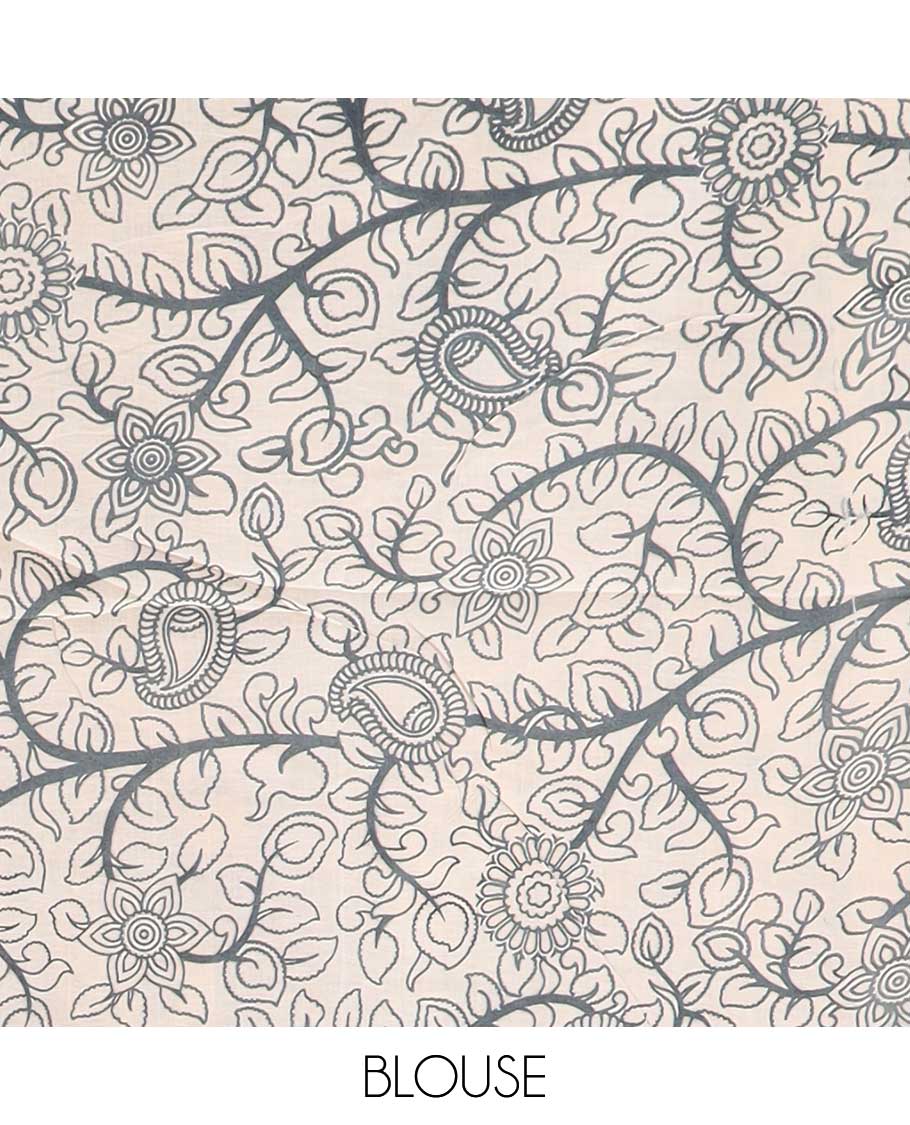 Cream floral vine machine-printed kalamkari cotton saree, contrast tree motifs border & peacock pallu