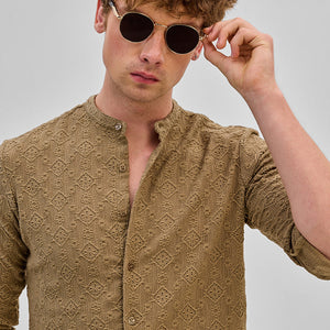 Light Brown Mandarin Self-Design Shirt
