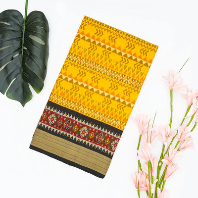 Yellow Handloom Ikat Silk Saree With Contrast Black Border