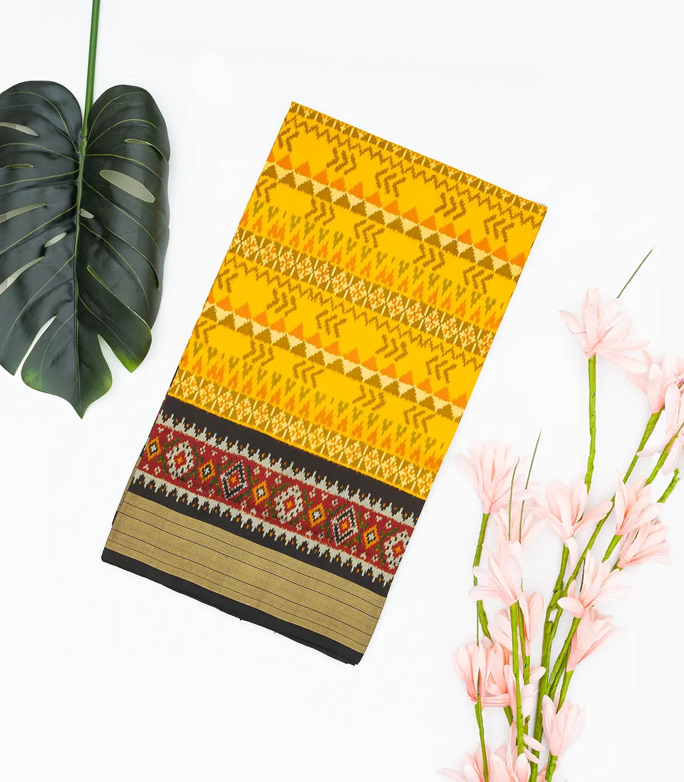 Yellow Handloom Ikat Silk Saree With Contrast Black Border