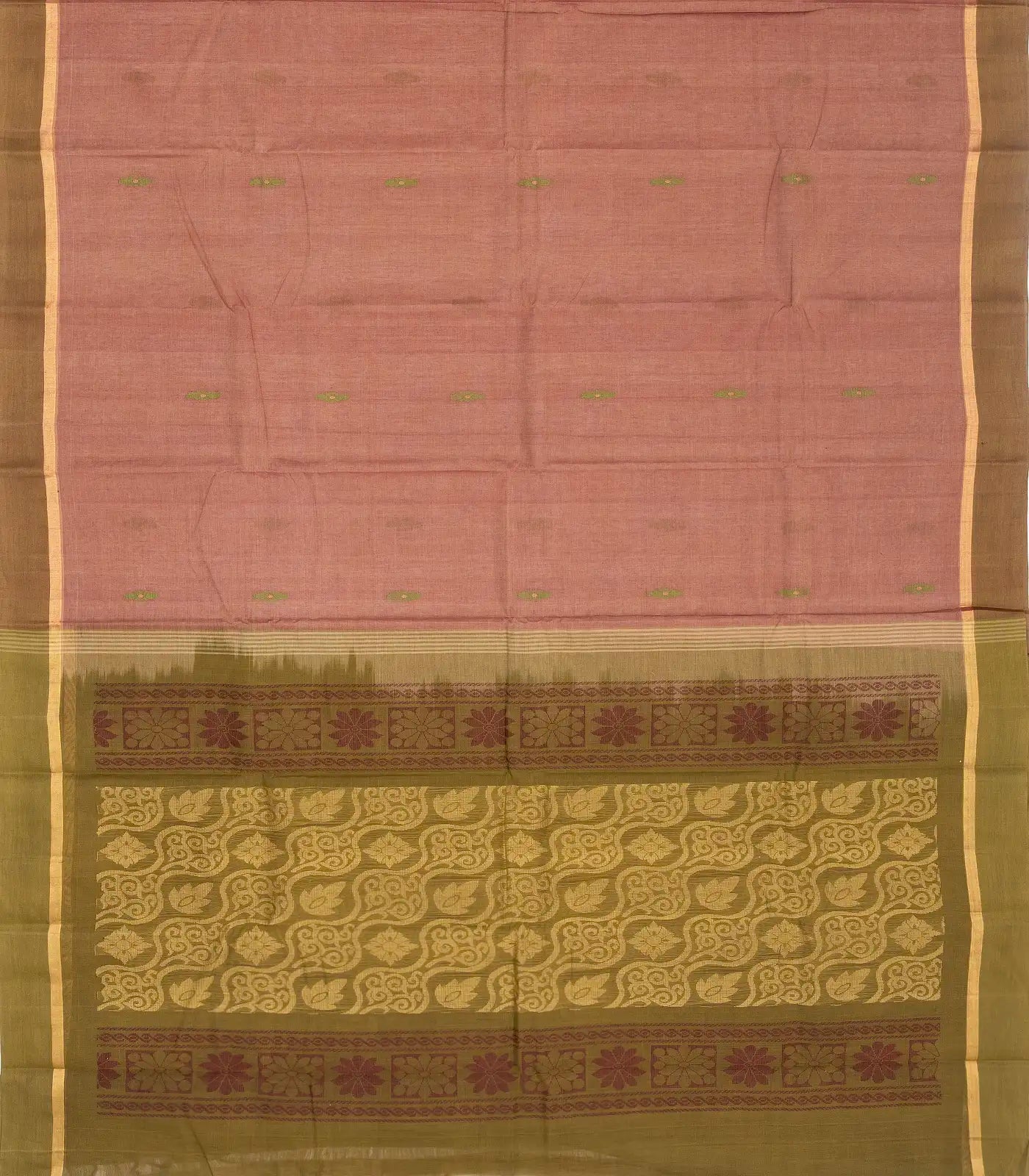 Dusty Pink Handloom Village Cotton Saree With Floral Meenakari Buttas