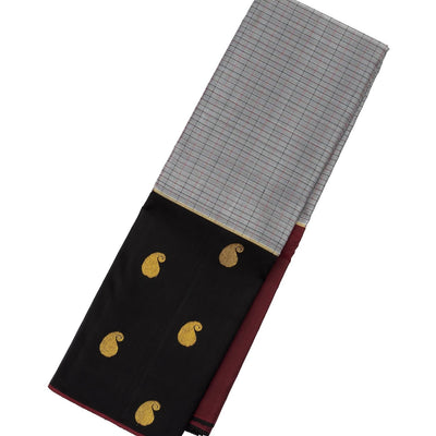 Grey Handloom Kanchipuram Silk Saree With Checks & Buttas