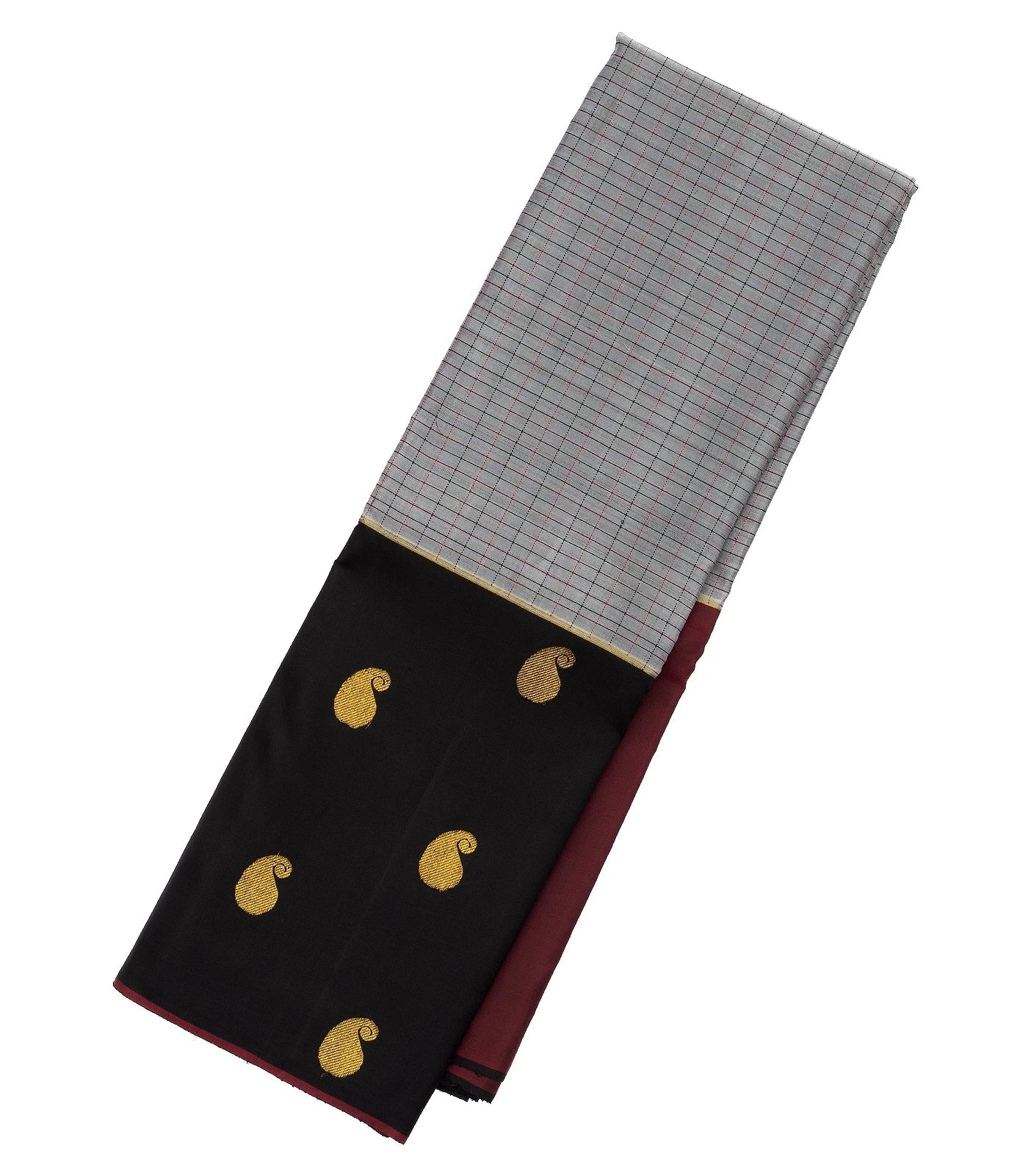 Grey Handloom Kanchipuram Silk Saree With Checks & Buttas