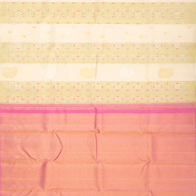 Cream Handloom Kanchipuram Silk Saree With Ikat Floral Buttas