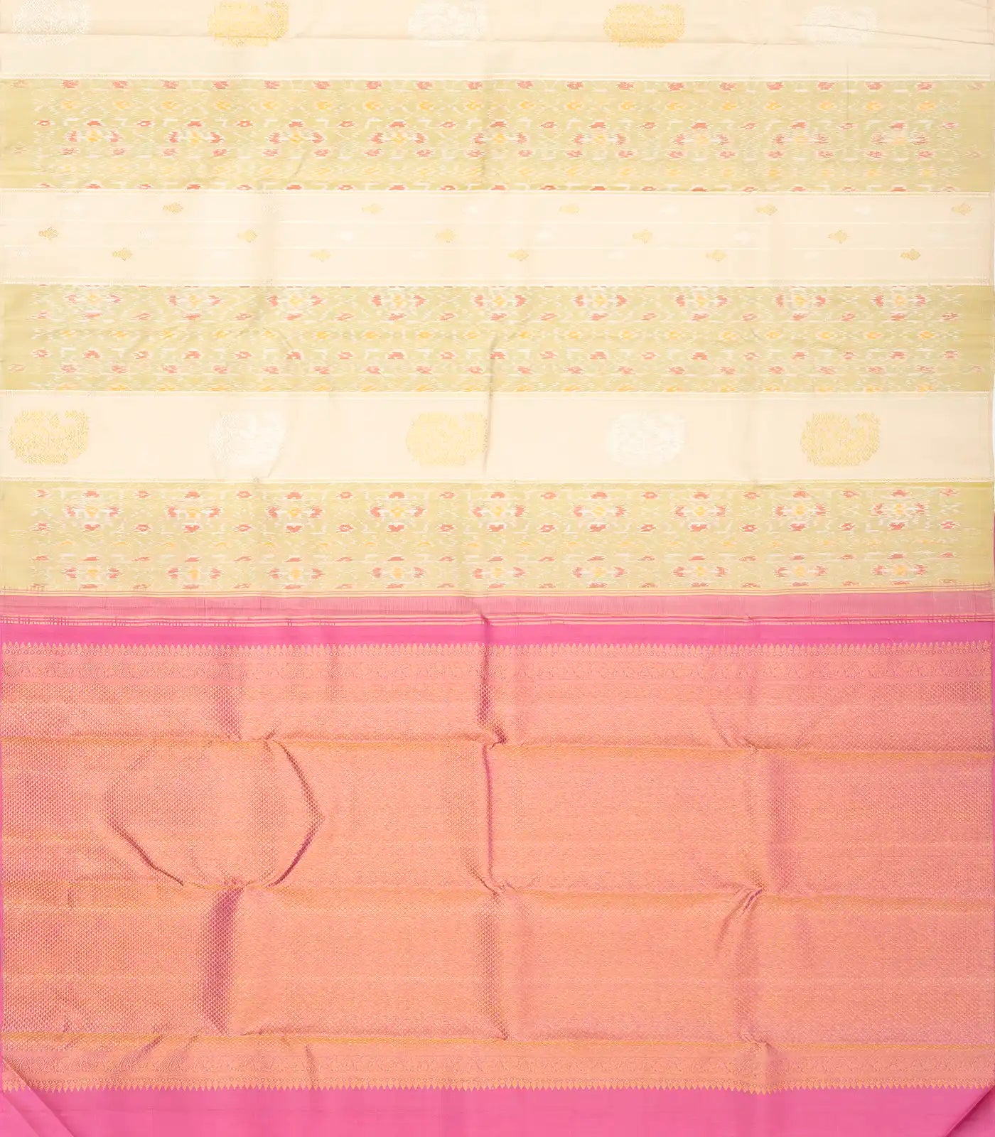 Cream Handloom Kanchipuram Silk Saree With Ikat Floral Buttas