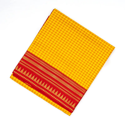 Yellow Handloom Soft Silk Saree With Checks & Contrast Red Border