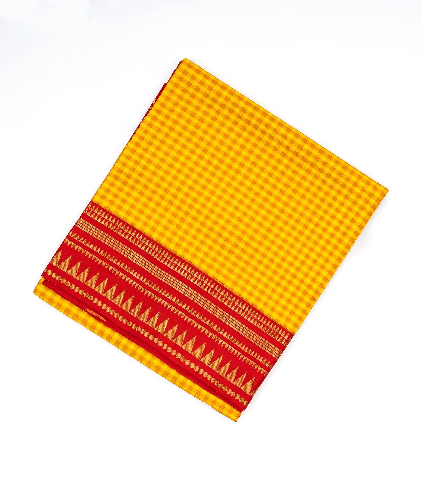 Yellow Handloom Soft Silk Saree With Checks & Contrast Red Border